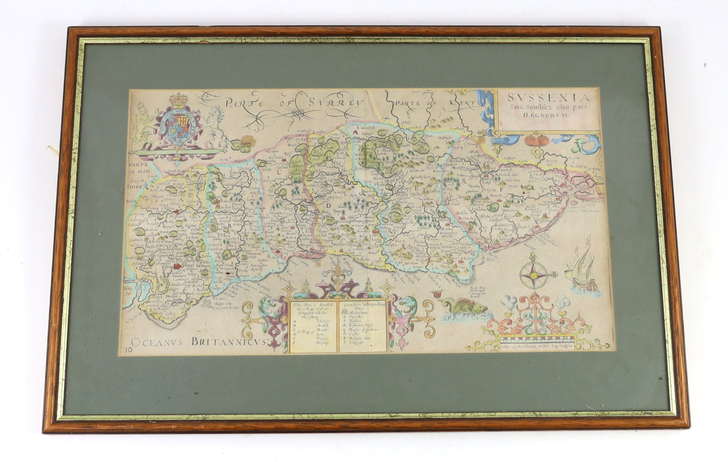 Norden, John. - Sussexia, engraved hand-coloured map of Sussex, framed and glazed, [1637], (image 22 x 39cms.) [Seale?] A correct chart of the German Ocean [i.e. North Sea]... for Mr Tindal’s continuation of Mr Rapin’s H
